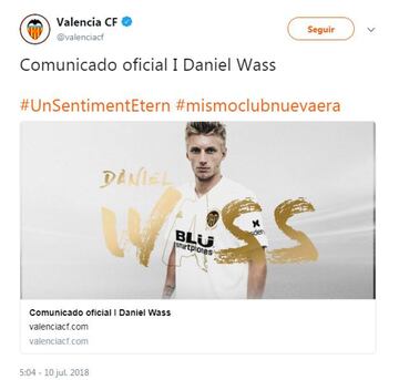 Comunicado oficial:
El Valencia CF ha cerrado un acuerdo de 6,5 millones de euros con el RC Celta para el traspaso del centrocampista Daniel Wass, quien ha firmado su contrato como nuevo jugador blanquinegro hasta el 30 de junio de 2022, con una cláusula de rescisión de 80 millones de euros.
