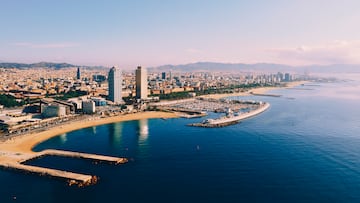 Aerial view of Ciutat Vella district with Barceloneta beach Spain