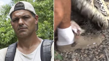 Im&aacute;genes del herpet&oacute;logo y presentador Frank Cuesta y del momento en el que le atac&oacute; una serpiente pit&oacute;n en la pierna en julio de 2018.