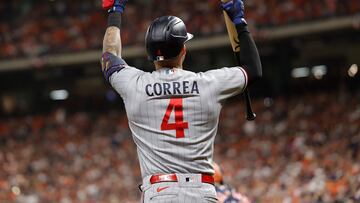 HOUSTON, TEXAS - OCTOBER 08: Carlos Correa #4 of the Minnesota Twins reacts against the Houston Astros during the fifth inning in Game Two of the Division Series at Minute Maid Park on October 08, 2023 in Houston, Texas.   Carmen Mandato/Getty Images/AFP (Photo by Carmen Mandato / GETTY IMAGES NORTH AMERICA / Getty Images via AFP)