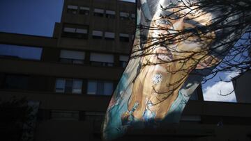 A banner of former soccer star Diego Maradona hangs outside the hospital where he is hospitalized in La Plata, Argentina, Tuesday, Nov. 3, 2020. Diego Maradona was admitted to the hospital with signs of depression Monday, three days after his 60th birthday. (AP Photo/Natacha Pisarenko)