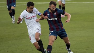 Jesus Navas  of Sevilla FC (L) and Levante&#039;s forward Borja Mayoral  during Spanish LaLiga match between  Levante UD  and Sevilla FC at Camilo Cano  Stadium in La Nucia, Alicante, on June 15, 2020.