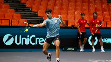 Carlos Alcaraz se ejercita en La Fonteta con el capitán, David Ferrer, y su entrenador, Juan Carlos Ferrero, al fondo de la pista.