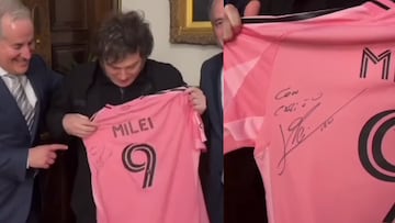 Javier Milei posa con la playera de Inter Miami firmada por Messi