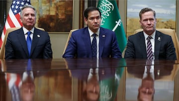 U.S. Secretary of State Marco Rubio, U.S. National Security Advisor Mike Waltz, and U.S. Middle East envoy Steve Witkoff attend an interview after meeting with Russian Foreign Minister Sergei Lavrov and Russian President Vladimir Putin's foreign policy advisor Yuri Ushakov, at Diriyah Palace, in Riyadh, Saudi Arabia, February 18, 2025. REUTERS/Evelyn Hockstein/Pool