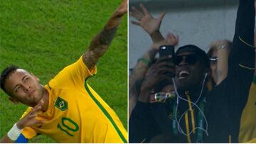 Neymar le dedica su gol de falta en la final ol&iacute;mpica a Bolt, presente en la grada.