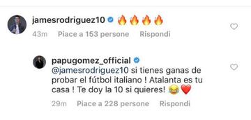 Alejandro &#039;Papu&#039; G&oacute;mez capit&aacute;n y compa&ntilde;ero de Duv&aacute;n Zapata en Atalanta, le hizo un curioso comentario a James Rodr&iacute;guez para invitarlo a jugar en Italia.