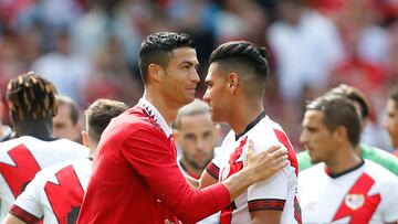 Soccer Football - Pre Season Friendly - Manchester United v Rayo Vallecano - Old Trafford, Manchester, Britain - July 31, 2022 Manchester United's Cristiano Ronaldo and Rayo Vallecano's Radamel Falcao before the match Action Images via Reuters/Ed Sykes