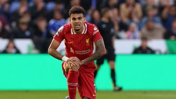 Liverpool's Colombian midfielder #07 Luis Diaz reacts to a missed chance during the English Premier League football match between Leicester City and Liverpool at King Power Stadium in Leicester, central England on April 20, 2025. (Photo by Darren Staples / AFP) / RESTRICTED TO EDITORIAL USE. No use with unauthorized audio, video, data, fixture lists, club/league logos or 'live' services. Online in-match use limited to 120 images. An additional 40 images may be used in extra time. No video emulation. Social media in-match use limited to 120 images. An additional 40 images may be used in extra time. No use in betting publications, games or single club/league/player publications. /