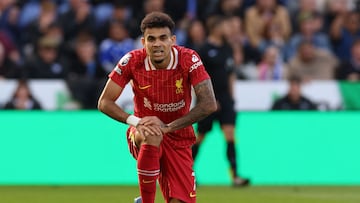 Liverpool's Colombian midfielder #07 Luis Diaz reacts to a missed chance during the English Premier League football match between Leicester City and Liverpool at King Power Stadium in Leicester, central England on April 20, 2025. (Photo by Darren Staples / AFP) / RESTRICTED TO EDITORIAL USE. No use with unauthorized audio, video, data, fixture lists, club/league logos or 'live' services. Online in-match use limited to 120 images. An additional 40 images may be used in extra time. No video emulation. Social media in-match use limited to 120 images. An additional 40 images may be used in extra time. No use in betting publications, games or single club/league/player publications. /