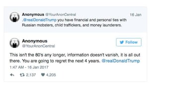 Los mensajes de Twitter del grupo hacker a Trump