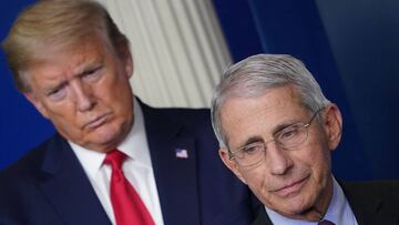 (FILES) In this file photo taken on April 22, 2020, Director of the National Institute of Allergy and Infectious Diseases Anthony Fauci, flanked by US President Donald Trump, speaks during the daily briefing on the novel coronavirus at the White House in 