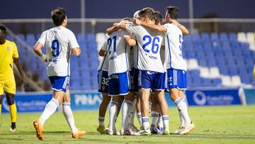 La celebración del gol de la victoria del Zaragoza frente al Cartagena.