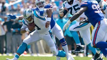 CHARLOTTE, NC - SEPTEMBER 17: Jerry Hughes #55 of the Buffalo Bills sacks Cam Newton #1 of the Carolina Panthers during their game at Bank of America Stadium on September 17, 2017 in Charlotte, North Carolina.   Grant Halverson/Getty Images/AFP
 == FOR NEWSPAPERS, INTERNET, TELCOS &amp; TELEVISION USE ONLY ==