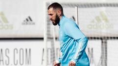 Benzema, en el entrenamiento del Real Madrid. 