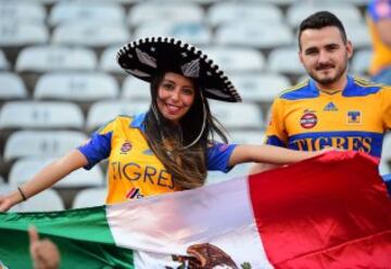 Fans of Mexico's Tigres cheer for their team before the start of their Copa Libertadores first leg final against Argentina's River Plate at the University stadium in Monterrey, Mexico on July 29, 2015.   AFP PHOTO/ RONALDO SCHEMIDT