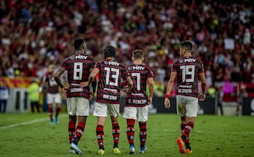 Flamengo players celebrates scoring their side's second goal during Brazilian Championship Serie A soccer match between Flamengo and Vasco Da Gama at Maracana Stadium.