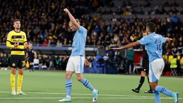 Soccer Football - Champions League - Group G - BSC Young Boys v Manchester City - Stadion Wankdorf, Bern, Switzerland - October 25, 2023 Manchester City's Erling Braut Haaland celebrates scoring their third goal REUTERS/Stefan Wermuth