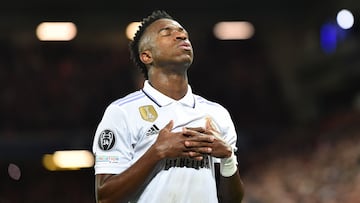 Liverpool (United Kingdom), 21/02/2023.- Vinicius Junior of Real Madrid celebrates after scoring his second goal during the UEFA Champions League, Round of 16, 1st leg match between Liverpool FC and Real Madrid in Liverpool, Britain, 21 February 2023. (Liga de Campeones, Reino Unido) EFE/EPA/Peter Powell
