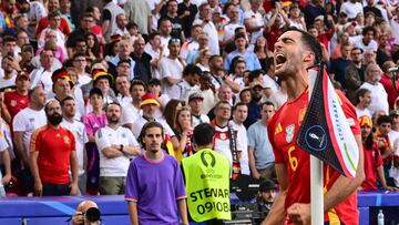 Spain's midfielder #06 Mikel Merino celebrates scoring his team's second goal during the UEFA Euro 2024 quarter-final football match between Spain and Germany at the Stuttgart Arena in Stuttgart on July 5, 2024. (Photo by Tobias SCHWARZ / AFP)