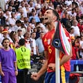 Spain's midfielder #06 Mikel Merino celebrates scoring his team's second goal during the UEFA Euro 2024 quarter-final football match between Spain and Germany at the Stuttgart Arena in Stuttgart on July 5, 2024. (Photo by Tobias SCHWARZ / AFP)