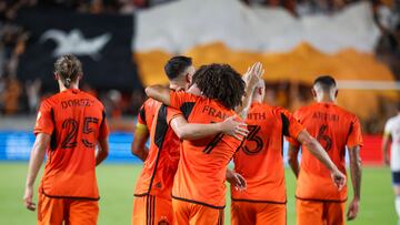 Sep 20, 2023; Houston, Texas, USA; Houston Dynamo FC forward Ivan Franco (7) celebrates with teammates