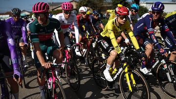 Team Visma - Lease a Bike's Danish rider Jonas Vingegaard, wearing the overall leader yellow jersey, takes the start of the 5th stage of the Paris-Nice cycling race, 206.3 km between Cormoranche-sur-Sa�ne and Colombier-le-Vieux, on March 12, 2026. (Photo by Anne-Christine POUJOULAT / AFP)