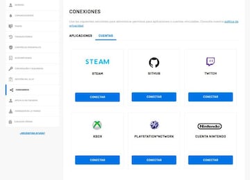 La secci&oacute;n para vincular la cuenta de Epic Games con las distintas plataformas.