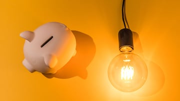 Piggy bank next to lit light bulb on pink background. Concept of electricity price, crisis, money, saving and power energy.