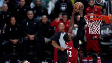 DENVER, COLORADO - JUNE 12: Bam Adebayo #13 of the Miami Heat drives to the basket during the first quarter against the Denver Nuggets in Game Five of the 2023 NBA Finals at Ball Arena on June 12, 2023 in Denver, Colorado. NOTE TO USER: User expressly acknowledges and agrees that, by downloading and or using this photograph, User is consenting to the terms and conditions of the Getty Images License Agreement. Matthew Stockman/Getty Images/AFP (Photo by MATTHEW STOCKMAN / GETTY IMAGES NORTH AMERICA / Getty Images via AFP)