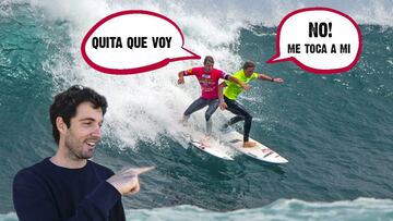 Borja Agote señalando a un surfista que le salta una ola a otro