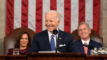 President Joe Biden delivers the State of the Union address to a joint session of Congress at the U.S. Capitol, Tuesday, Feb. 7, 2023, in Washington, as Vice President Kamala Harris and House Speaker Kevin McCarthy of Calif., watch. Jacquelyn Martin/Pool via REUTERS