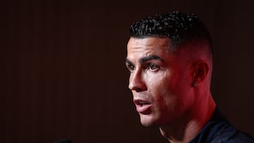 Oeiras (Portugal), 06/09/2023.- Portugal national team soccer player Cristiano Ronaldo attends a press conference during the preparations for the qualifying stage for the UEFA Euro 2024, in Oeiras, outskirts of Lisbon, Portugal, 06 September 2023. Portugal will play against Slovakia on 08 September and Luxembourg on 11 September in the UEFA EURO 2024 qualifiers. (Luxemburgo, Eslovaquia, Lisboa, Luxemburgo) EFE/EPA/RODRIGO ANTUNES