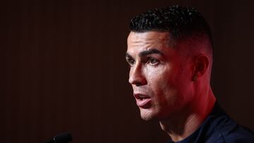 Oeiras (Portugal), 06/09/2023.- Portugal national team soccer player Cristiano Ronaldo attends a press conference during the preparations for the qualifying stage for the UEFA Euro 2024, in Oeiras, outskirts of Lisbon, Portugal, 06 September 2023. Portugal will play against Slovakia on 08 September and Luxembourg on 11 September in the UEFA EURO 2024 qualifiers. (Luxemburgo, Eslovaquia, Lisboa, Luxemburgo) EFE/EPA/RODRIGO ANTUNES
