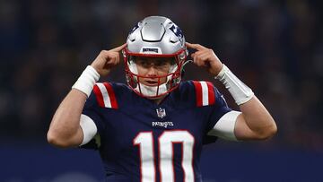 American Football - NFL - Indianapolis Colts v New England Patriots - Deutsche Bank Park, Frankfurt, Germany - November 12, 2023 New England Patriots' Mac Jones reacts REUTERS/Kai Pfaffenbach