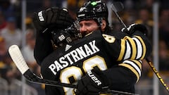 BOSTON, MASSACHUSETTS - MAY 04: David Pastrnak #88 of the Boston Bruins celebrates with his teammate Pat Maroon #61 after scoring the game winning goal against the Toronto Maple Leafs during overtime in Game Seven of the First Round of the 2024 Stanley Cup Playoffs at TD Garden on May 04, 2024 in Boston, Massachusetts.   Maddie Meyer/Getty Images/AFP (Photo by Maddie Meyer / GETTY IMAGES NORTH AMERICA / Getty Images via AFP)