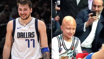 El jugador esloveno Luka Doncic durante un partido con los Dallas Mavericks y de la niña enferma de cáncer recibiendo sus zapatillas firmadas tras su encuentro ante Los Ángeles Clippers.