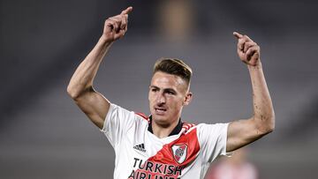 BUENOS AIRES, ARGENTINA - JULY 25: Braian Romero of River Plate celebrates after scoring the first goal of his team during a match between River Plate and Union as part of Torneo Liga Profesional 2021 at Estadio Monumental Antonio Vespucio Liberti on July 25, 2021 in Buenos Aires, Argentina. (Photo by Marcelo Endelli/Getty Images)