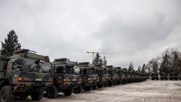 LJUBLJANA, SLOVENIA - 2022/12/13: German Rheinmetall MAN tactical military transport vehicles are parked in the Edvard Peperko military barracks. Slovenian military received 40 of Rheinmetall trucks as part of a so-called chain-swap deal with Germany used to supply arms to Ukraine, in which Slovenia sent 28 M55s tanks to Ukraine and 38 Oshkosh vehicles after purchasing them from the USA. (Photo by Luka Dakskobler/SOPA Images/LightRocket via Getty Images)