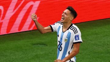 Soccer Football - FIFA World Cup Qatar 2022 - Quarter Final - Netherlands v Argentina - Lusail Stadium, Lusail, Qatar - December 9, 2022  Argentina's Nahuel Molina celebrates scoring their first goal REUTERS/Paul Childs