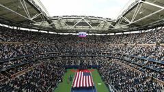 (FILES) In this file photo The US flag is brought to centre court before the start of the 2017 US Open Men's Singles final match between South Africa's Kevin Anderson and Spain's Rafael Nadal at the USTA Billie Jean King National Tennis Center in New York