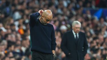Manchester City's head coach Pep Guardiola gestures during the UEFA Champions League play-offs second leg soccer match between Real Madrid and Manchester City, in Madrid, Spain, 19 February 2025. EFE/ Kiko Huesca