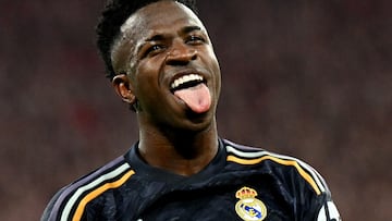 Soccer Football - Champions League - Semi Final - First Leg - Bayern Munich v Real Madrid - Allianz Arena, Munich, Germany - April 30, 2024 Real Madrid's Vinicius Junior celebrates scoring their second goal REUTERS/Angelika Warmuth