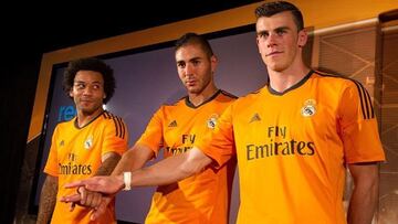 Marcelo, Benzema y Bale en la presentación oficial de la tercera equipación de la temporada 2013-14.