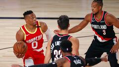 Aug 4, 2020; Lake Buena Vista, USA; Russell Westbrook #0 of the Houston Rockets drives to the basket against the Portland Trail Blazers at The Arena at ESPN Wide World Of Sports Complex on August 04, 2020 in Lake Buena Vista, Florida. Mandatory Credit: Kevin C. Cox/Pool Photo via USA TODAY Sports