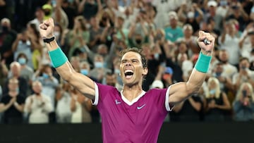 MELBOURNE, AUSTRALIA - JANUARY 30: Rafael Nadal of Spain celebrates match point in his Men’s Singles Final match against Daniil Medvedev of Russia during day 14 of the 2022 Australian Open at Melbourne Park on January 30, 2022 in Melbourne, Australia. (Photo by Mark Metcalfe/Getty Images)
