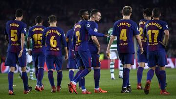 BARCELONA, SPAIN - DECEMBER 05: The Barcelona team celebrate after Jeremy Mathieu of Sporting Lisbon (not pictured) scored a own goal for Barcelona's second goal during the UEFA Champions League group D match between FC Barcelona and Sporting CP at Camp Nou on December 5, 2017 in Barcelona, Spain. (Photo by Alex Caparros/Getty Images)