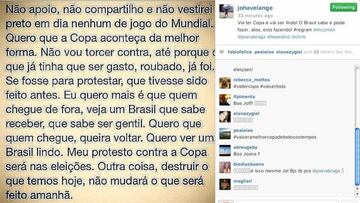 El testimonio de la directora ejecutiva del Comité Organizador Local del Mundial 2014, Joana Havelange, en las redes sociales: "No voy a estar en contra del Mundial ahora porque todo lo que había que robar ya está robado".