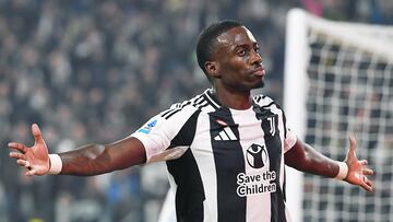 Turin (Italy), 09/11/2024.- Juventus' Timothy Weah celebrates after scoring the 1-0 goal during the Italian Serie A soccer match between Juventus FC and Torino FC, in Turin, Italy, 09 November 2024. (Italia) EFE/EPA/ALESSANDRO DI MARCO