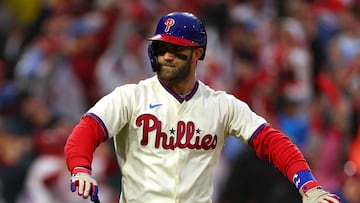 PHILADELPHIA, PENNSYLVANIA - OCTOBER 23: Bryce Harper #3 of the Philadelphia Phillies reacts after hitting a two run home run during the eighth inning against the San Diego Padres in game five of the National League Championship Series at Citizens Bank Park on October 23, 2022 in Philadelphia, Pennsylvania.   Mike Ehrmann/Getty Images/AFP